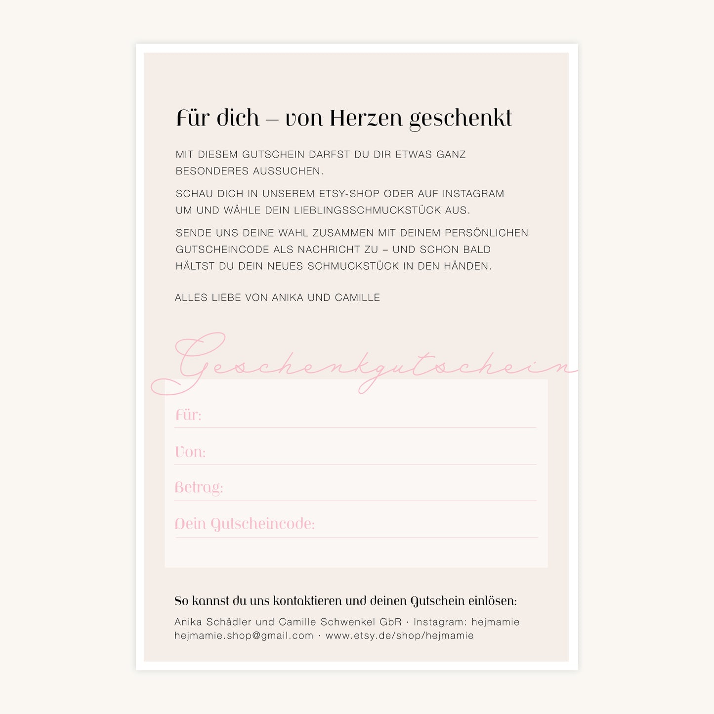 hejmamie Geschenkgutschein – von Herzen geschenkt
