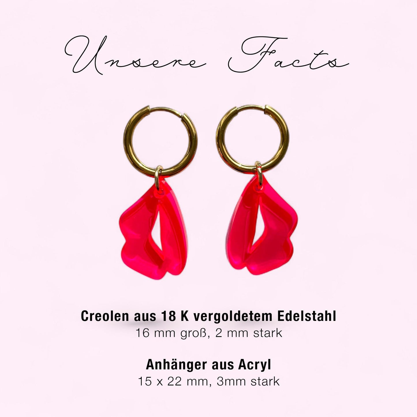 Creolen + Acryl-Anhänger »Kussmund« | Creolen Edelstahl 18 K vergoldet | Acryl in neon pink | fluoreszierend | leichte Statement-Ohrringe