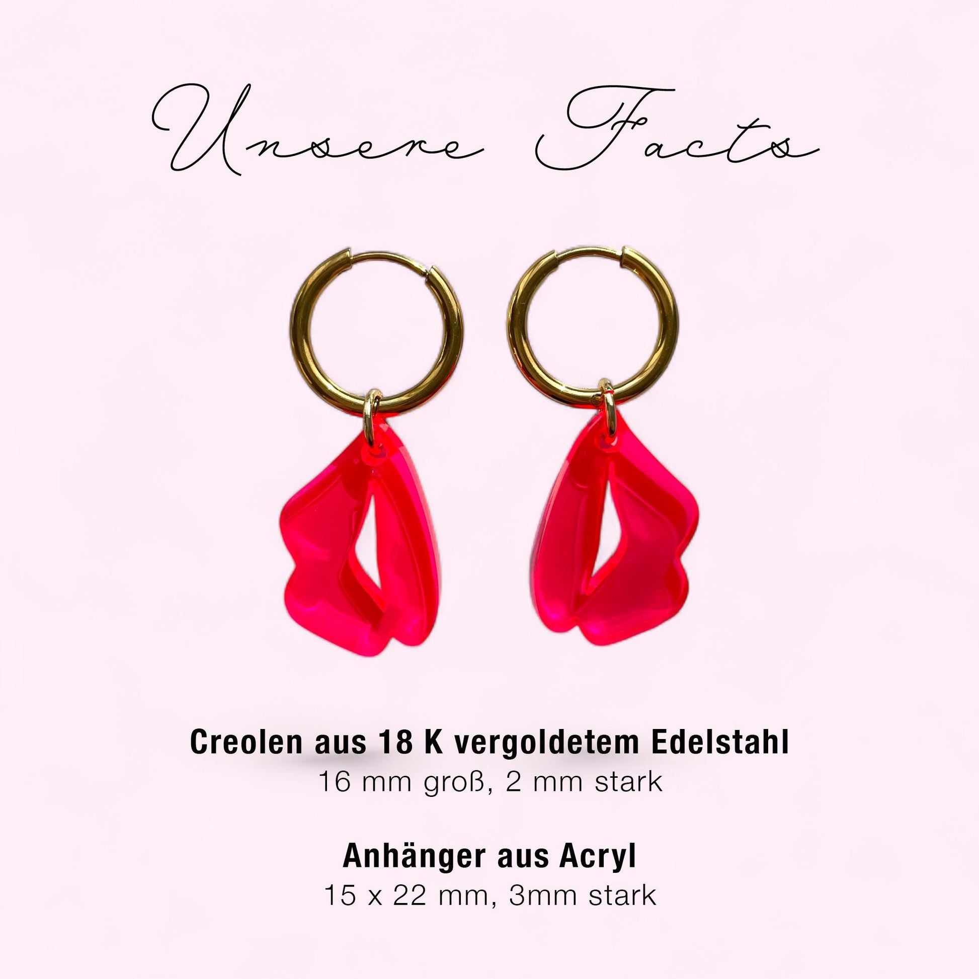 Creolen + Acryl-Anhänger »Kussmund« | Creolen Edelstahl 18 K vergoldet | Acryl in neon pink | fluoreszierend | leichte Statement-Ohrringe