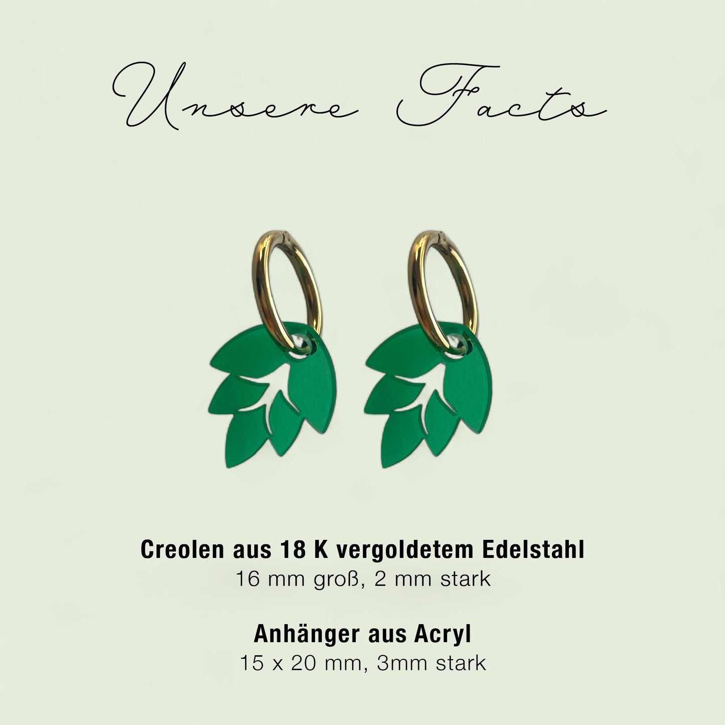 Creolen + Acryl-Anhänger »Blatt« | Creolen Edelstahl 18K vergoldet | Acryl in grün transparent | fluoreszierend | leichte Statement-Ohrringe