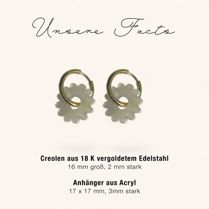 Creolen + Acryl-Anhänger »Blume Perlmutt« | Creolen Edelstahl 18K vergoldet | Acryl in heller Perlmuttoptik | leichte Statement-Ohrringe