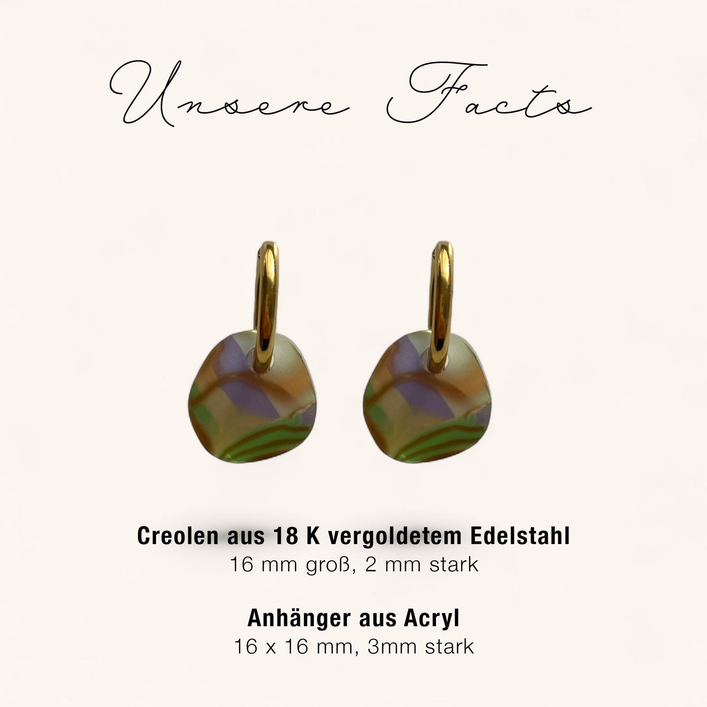 Creolen + Acryl-Anhänger »Bubble grün-gold« | Creolen Edelstahl 18K vergoldet | Acryl in grün-gold-lila | 70er Jahre Look | leichte Ohrringe