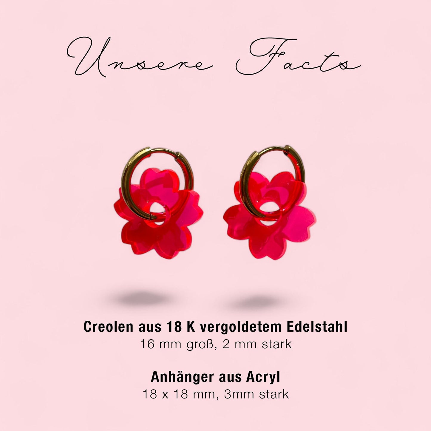 Creolen + Acryl-Anhänger »Blume Pink« | Creolen Edelstahl 18K vergoldet | Acryl in neon pink | leichte Statement-Ohrringe