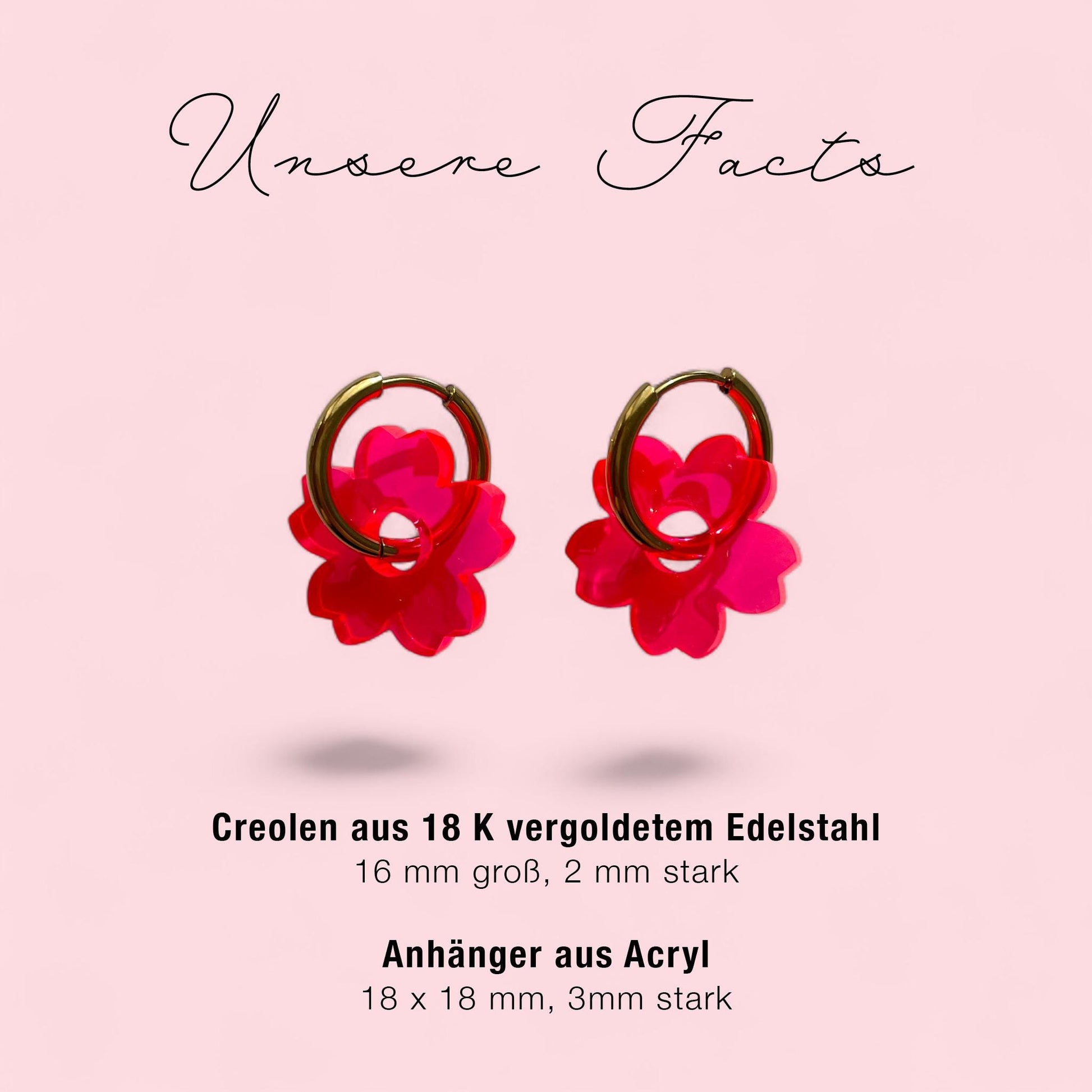 Creolen + Acryl-Anhänger »Blume Pink« | Creolen Edelstahl 18K vergoldet | Acryl in neon pink | leichte Statement-Ohrringe