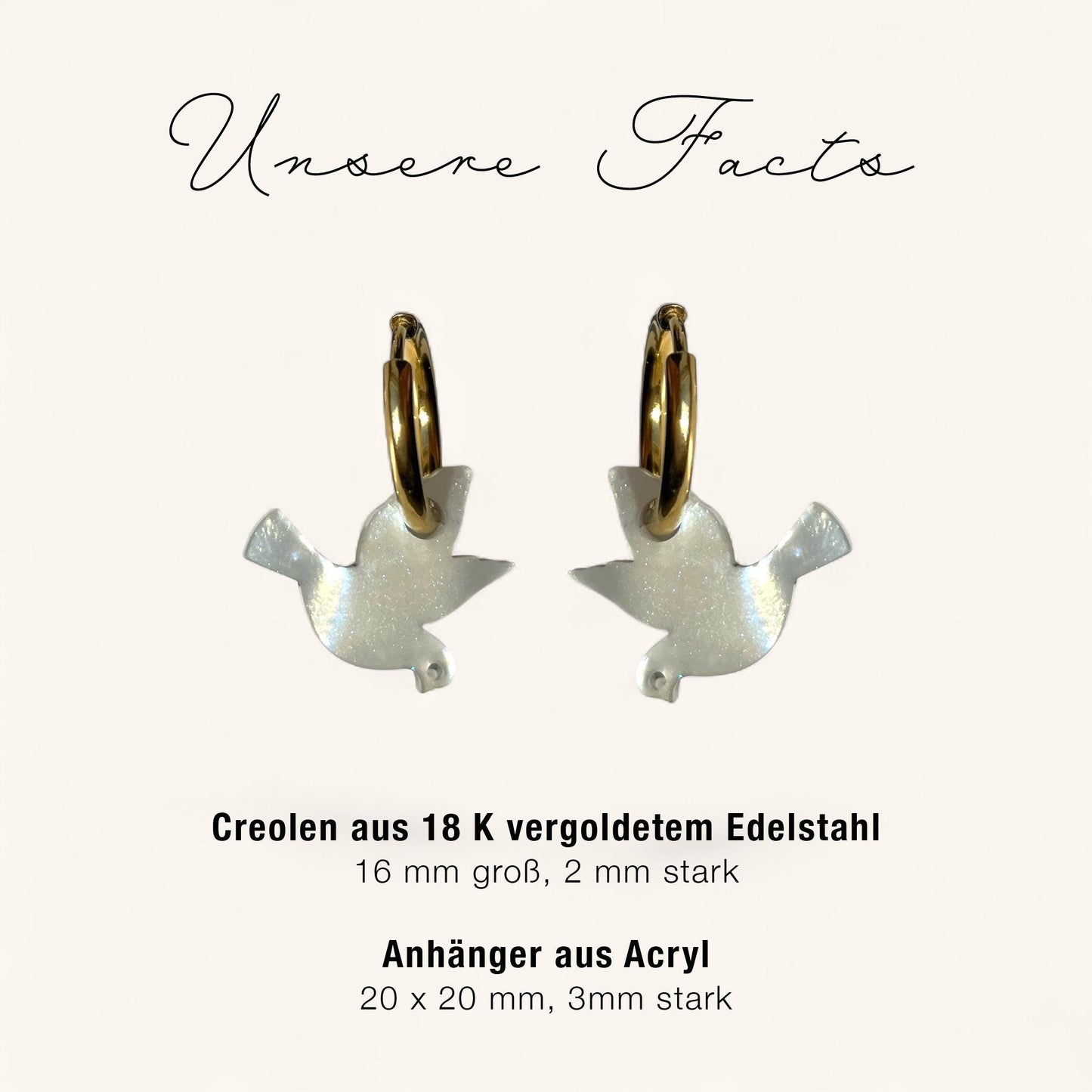 Creolen + Acryl-Anhänger »Friedenstaube Perlmutt« | Creolen Edelstahl 18K vergoldet | Acryl in Perlmuttoptik | leichte Statement-Ohrringe