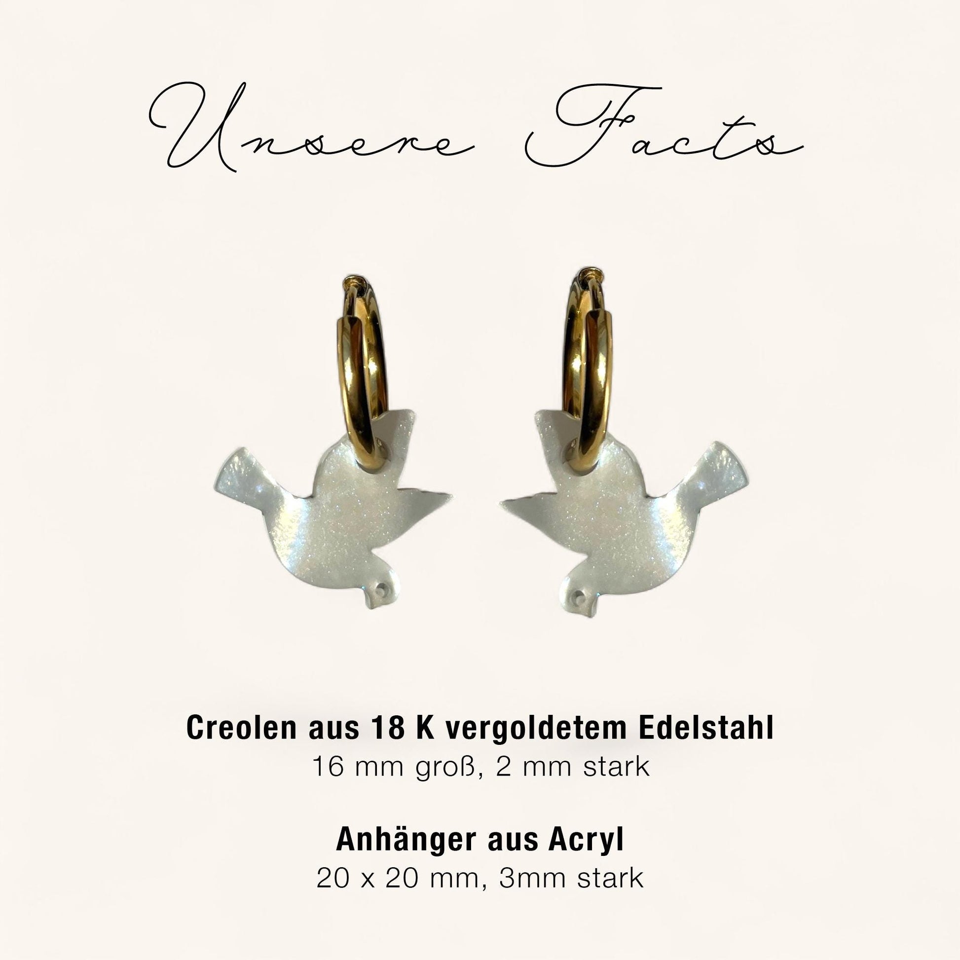 Creolen + Acryl-Anhänger »Friedenstaube Perlmutt« | Creolen Edelstahl 18K vergoldet | Acryl in Perlmuttoptik | leichte Statement-Ohrringe