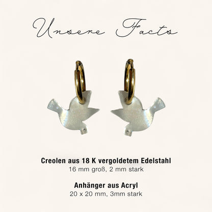 Creolen + Acryl-Anhänger »Friedenstaube Perlmutt« | Creolen Edelstahl 18K vergoldet | Acryl in Perlmuttoptik | leichte Statement-Ohrringe