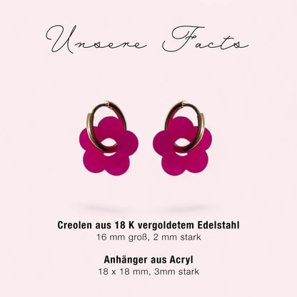 Creolen + Acryl-Anhänger »Blume Magenta« | Creolen Edelstahl 18K vergoldet | glänzendes Acryl | leichte Ohrringe