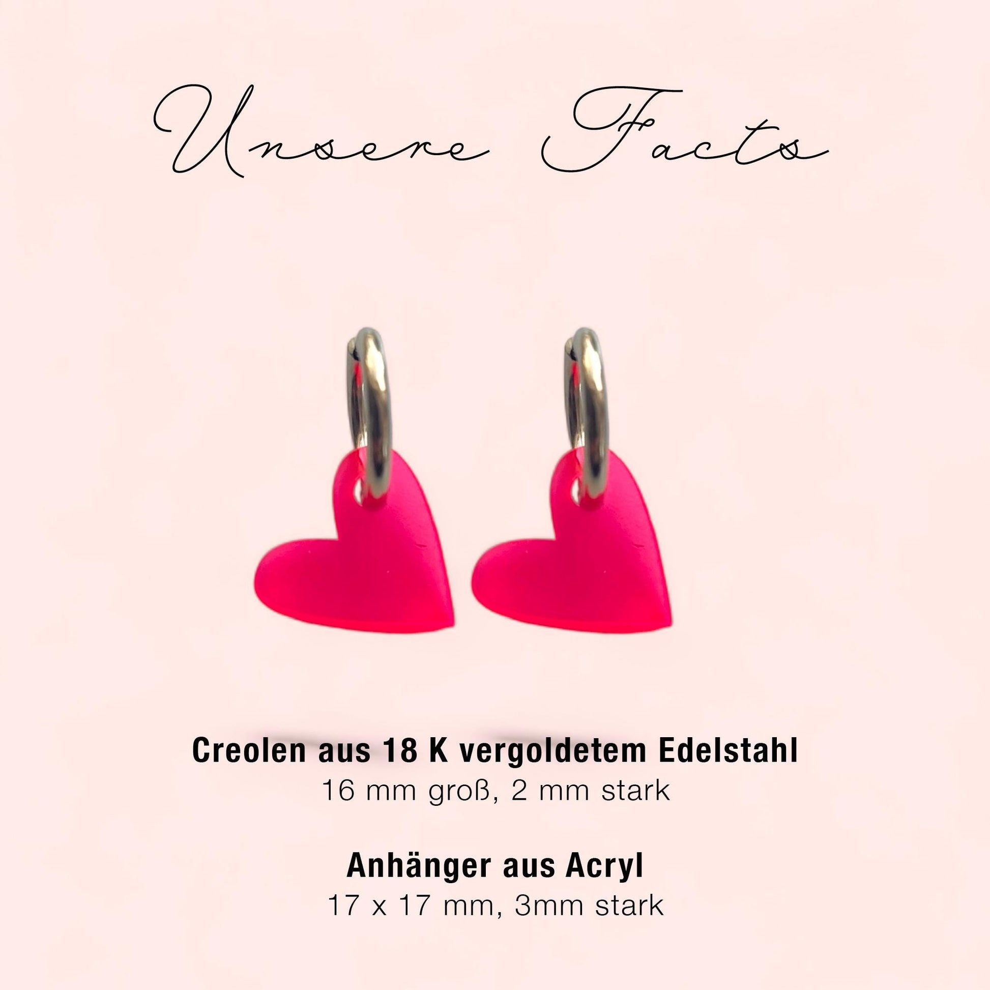 Creolen + Acryl-Anhänger »Herz neon pink« | Creolen Edelstahl 18 K vergoldet | Acryl in neon pink transparent | leichte Statement-Ohrringe