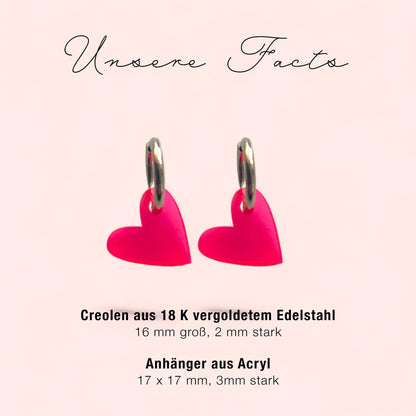 Creolen + Acryl-Anhänger »Herz neon pink« | Creolen Edelstahl 18 K vergoldet | Acryl in neon pink transparent | leichte Statement-Ohrringe
