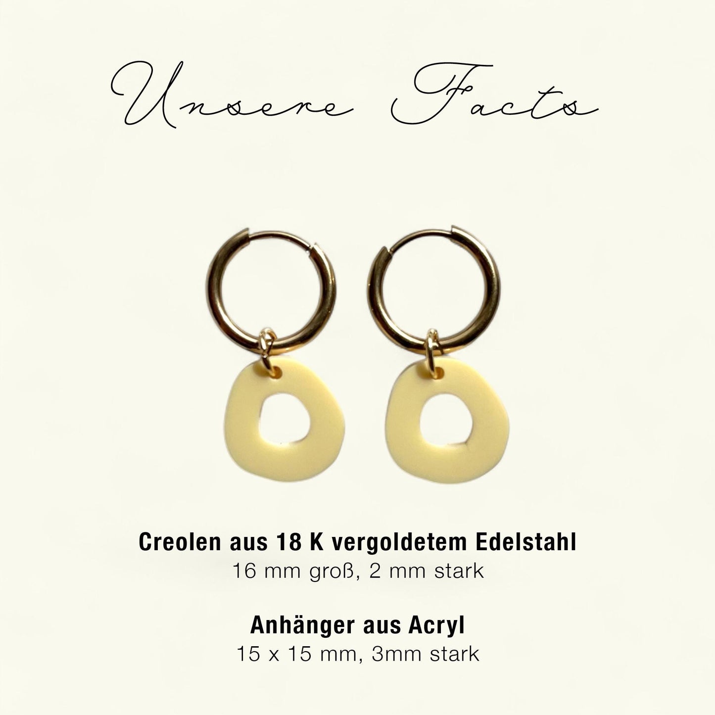 Creolen + Acryl-Anhänger »Donut« | Creolen Edelstahl 18 K vergoldet | Acryl in hellgelb matt | leichte Statement-Ohrringe