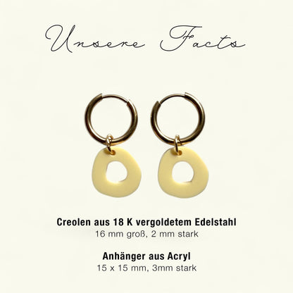 Creolen + Acryl-Anhänger »Donut« | Creolen Edelstahl 18 K vergoldet | Acryl in hellgelb matt | leichte Statement-Ohrringe