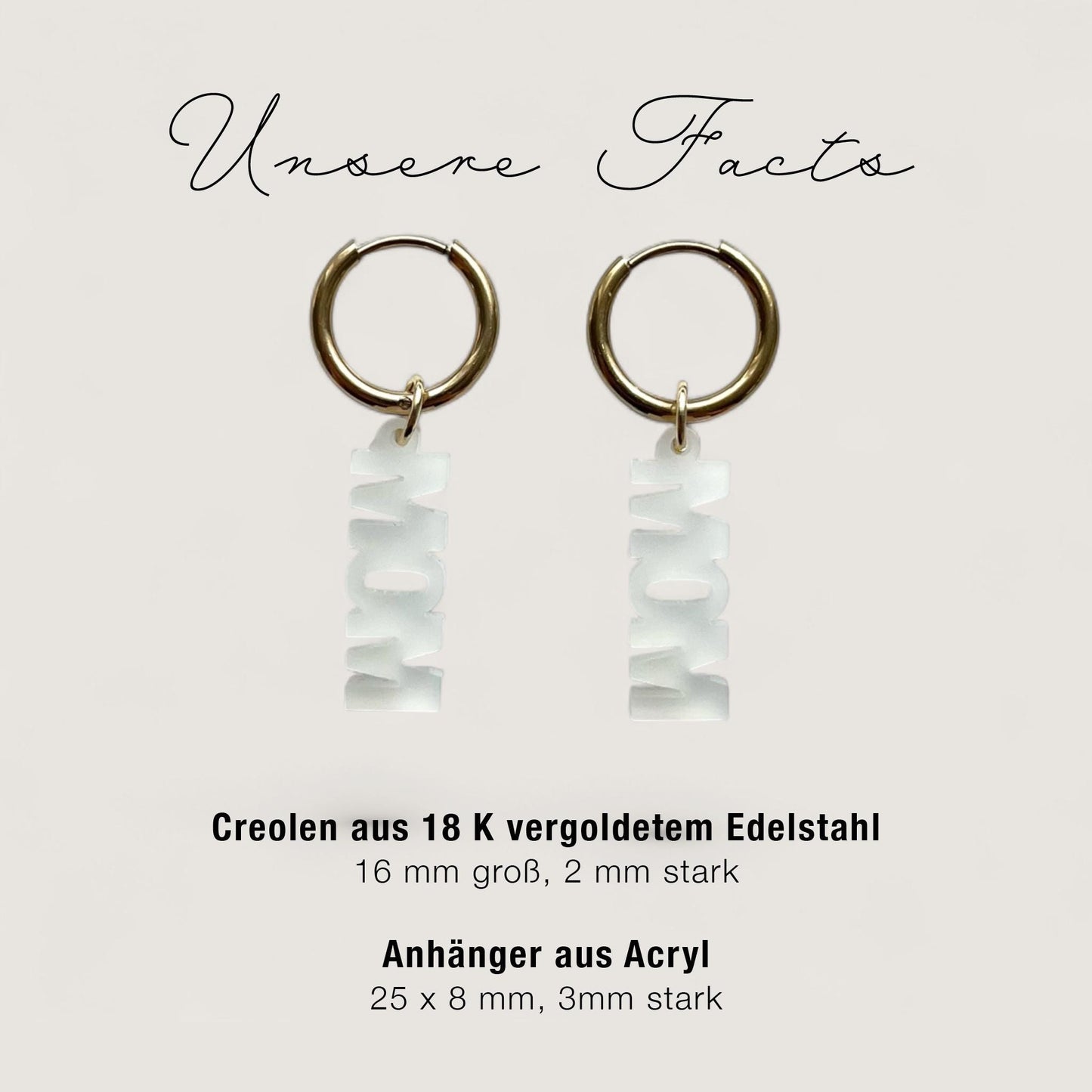 Creolen + Acryl-Anhänger »MOM« | Creolen Edelstahl 18K vergoldet | Acryl in Milchglas | leichte Ohrringe