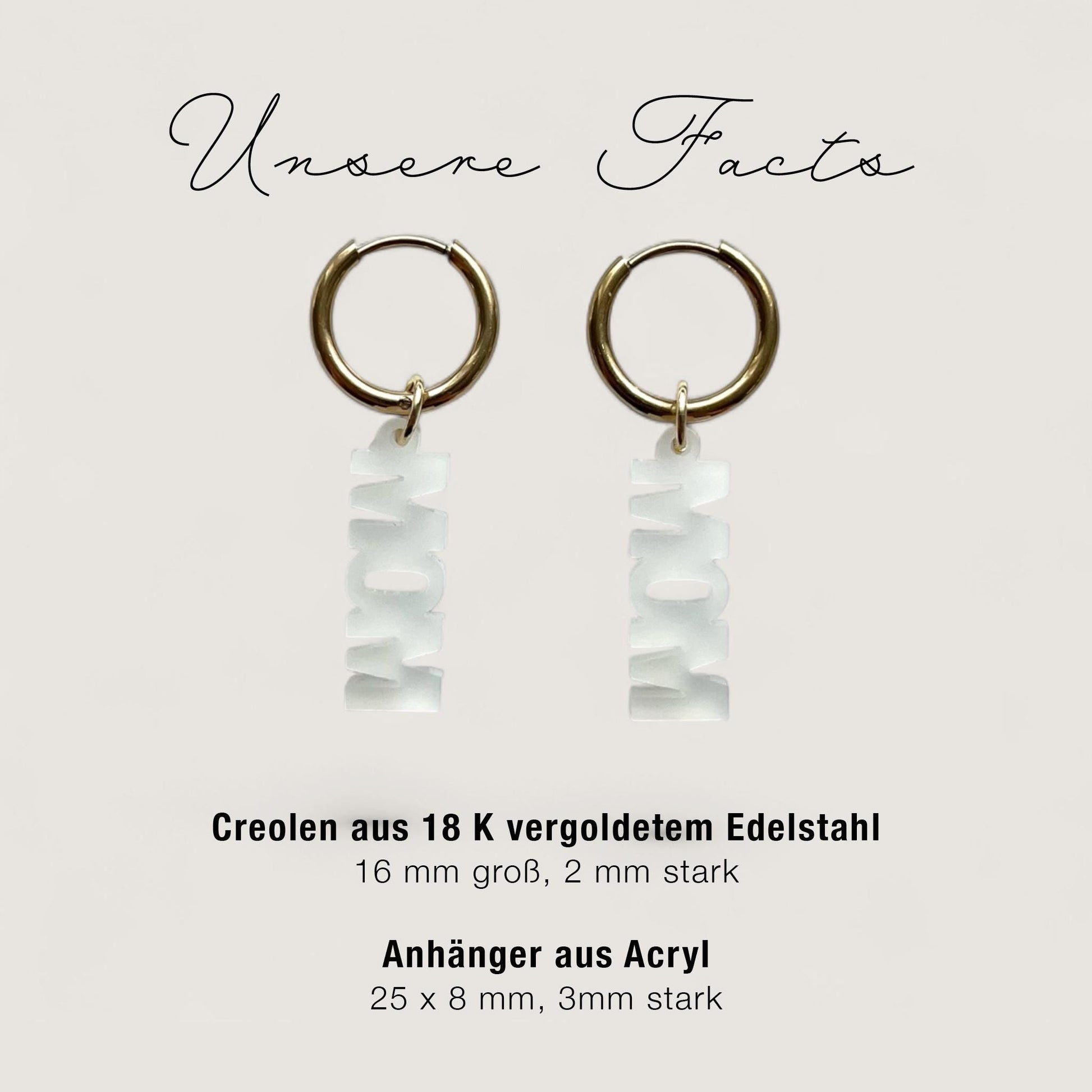 Creolen + Acryl-Anhänger »MOM« | Creolen Edelstahl 18K vergoldet | Acryl in Milchglas | leichte Ohrringe