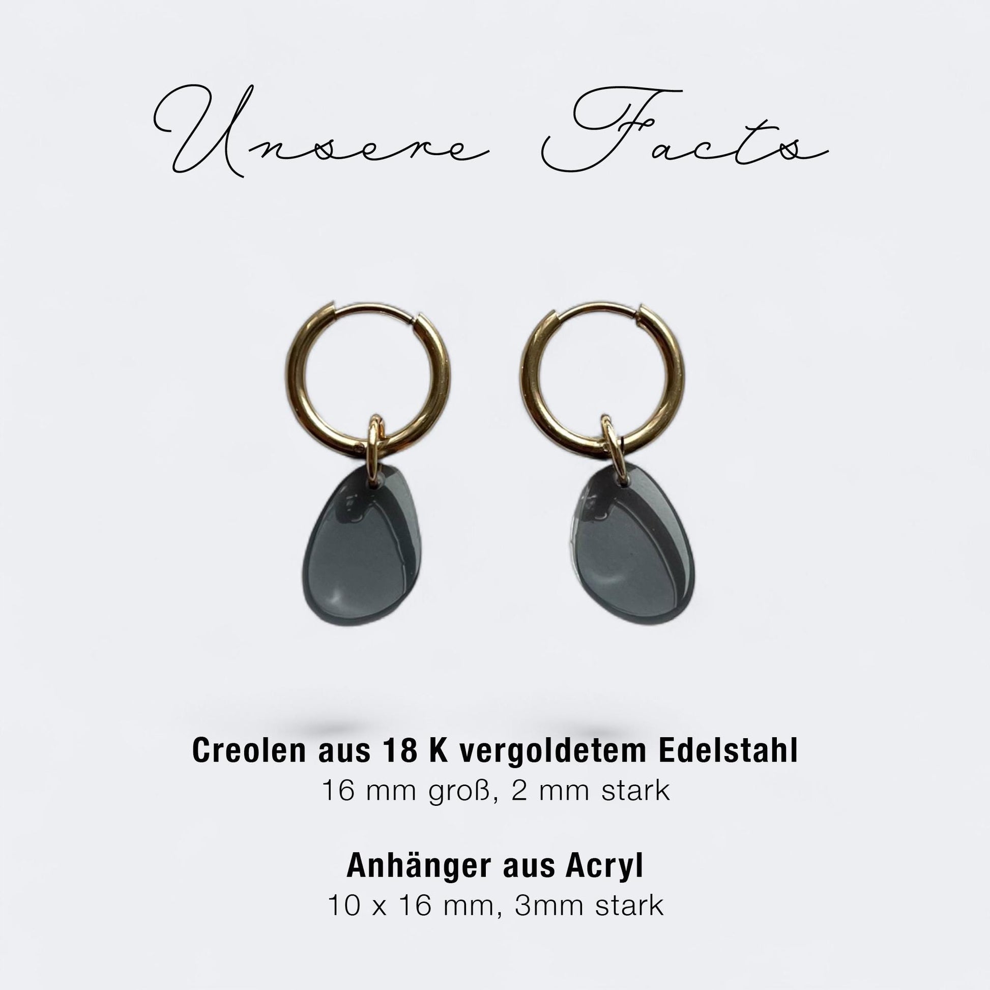 Creolen + Acryl-Anhänger »Tropfen grau« | Creolen Edelstahl 18K vergoldet | Acryl in grau transparent | leichte Ohrringe