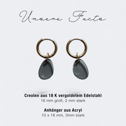 Creolen + Acryl-Anhänger »Tropfen grau« | Creolen Edelstahl 18K vergoldet | Acryl in grau transparent | leichte Ohrringe