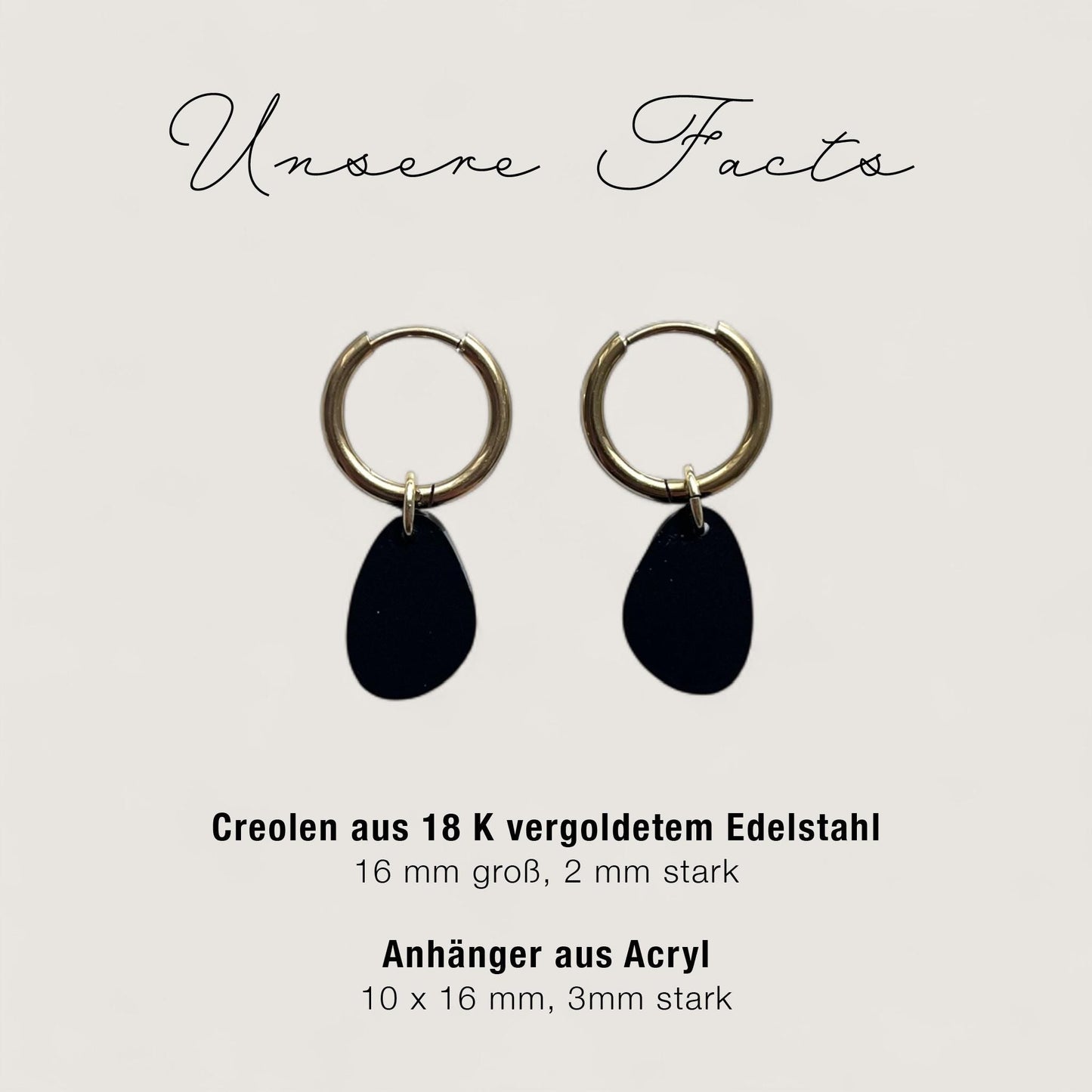 Creolen + Acryl-Anhänger »Tropfen schwarz« | Creolen Edelstahl 18K vergoldet | Acryl in schwarz matt| leichte Ohrringe