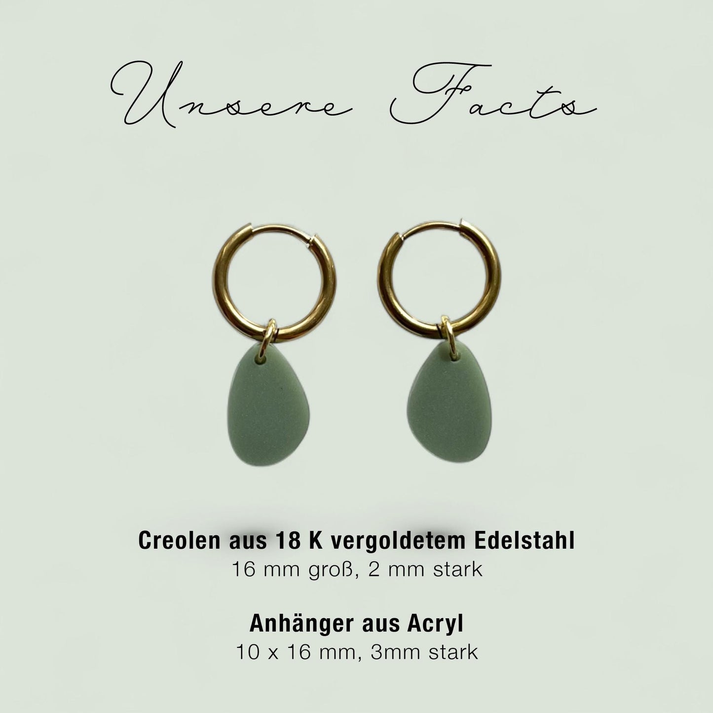 Creolen + Acryl-Anhänger »Tropfen Olive« | Creolen Edelstahl 18K vergoldet | Acryl in oliv-grün matt| leichte Ohrringe