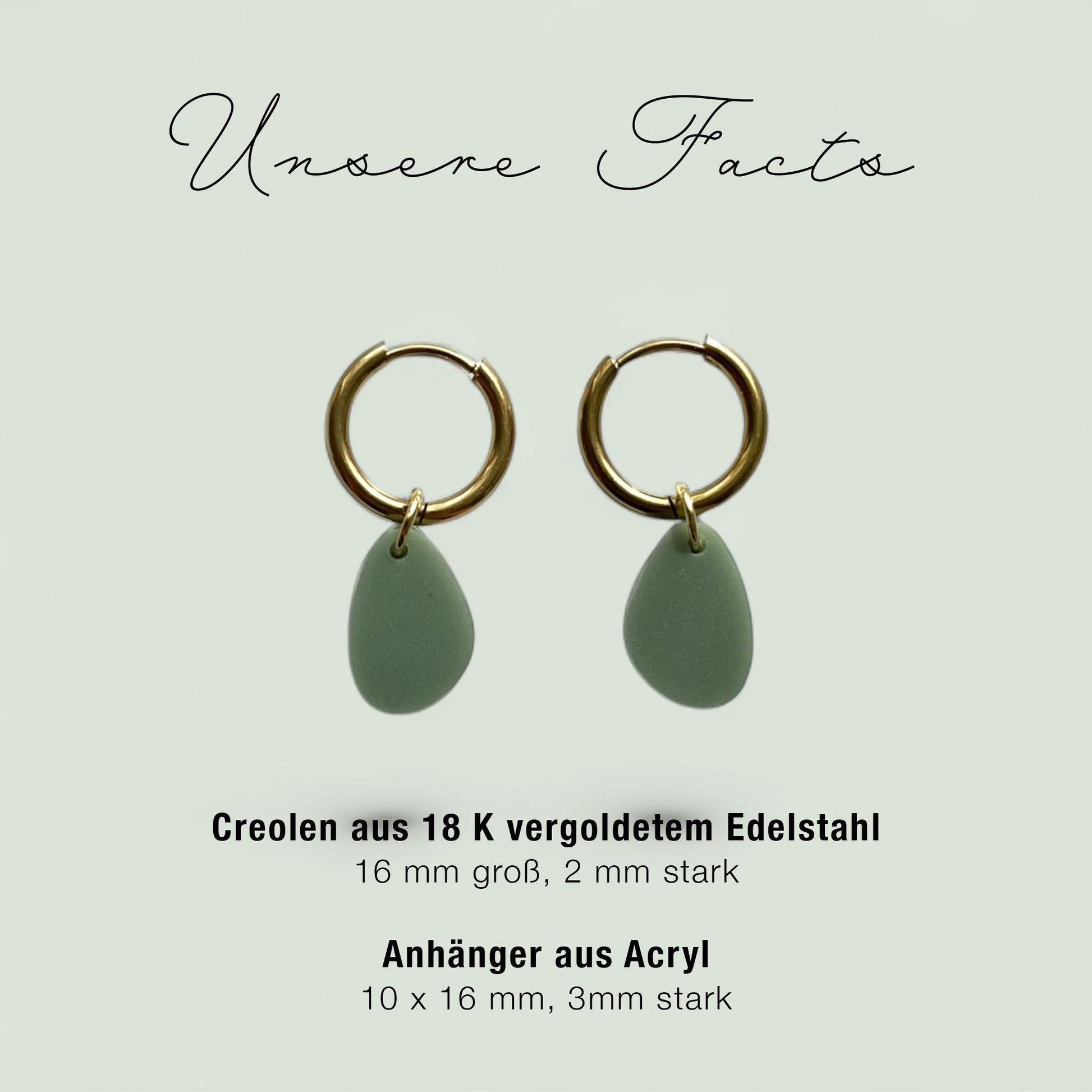 Creolen + Acryl-Anhänger »Tropfen Olive« | Creolen Edelstahl 18K vergoldet | Acryl in oliv-grün matt| leichte Ohrringe