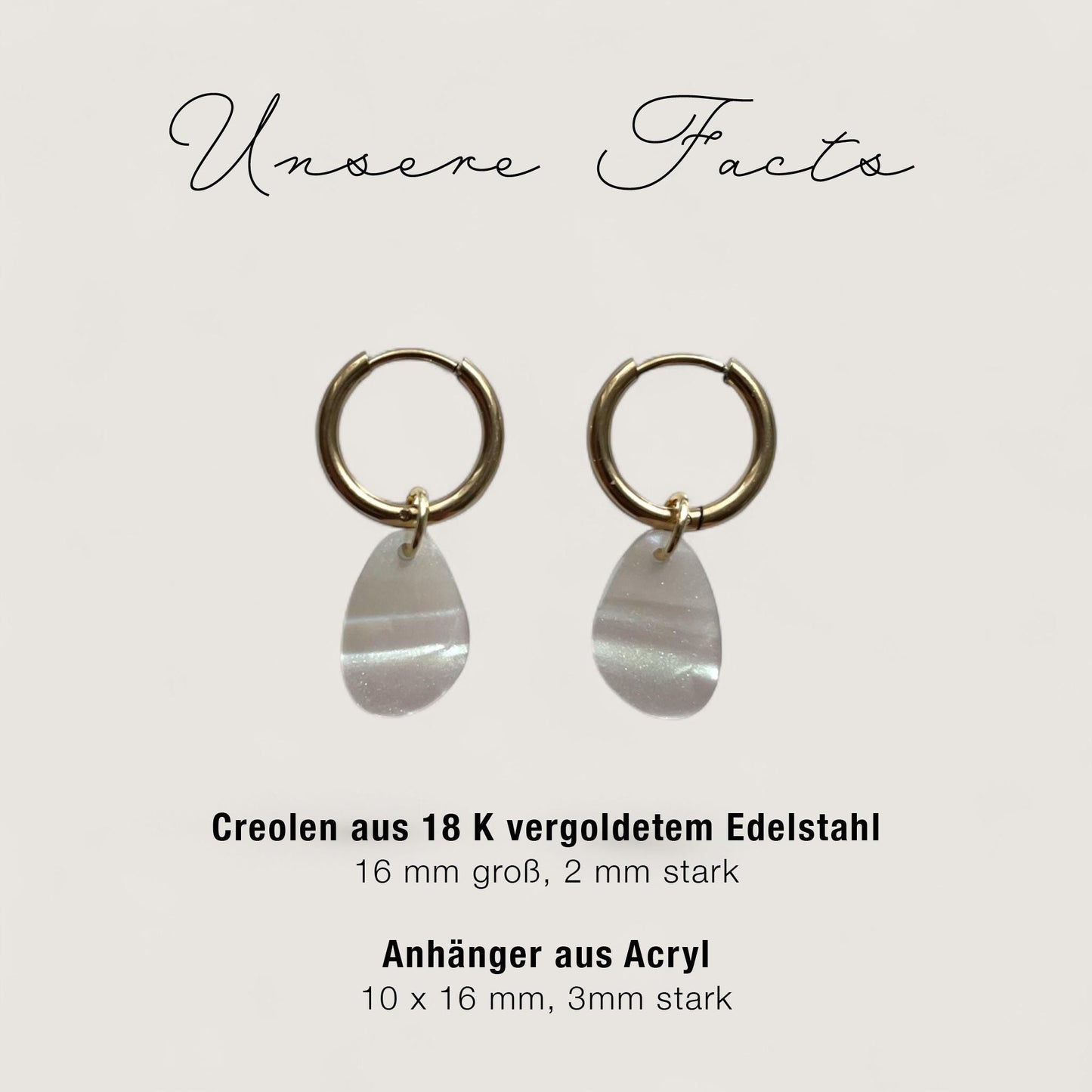 Creolen + Acryl-Anhänger »Tropfen Perlmutt« | Creolen Edelstahl 18K vergoldet | Acryl in Perlmutt weiß| leichte Ohrringe