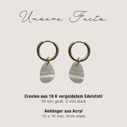 Creolen + Acryl-Anhänger »Tropfen Perlmutt« | Creolen Edelstahl 18K vergoldet | Acryl in Perlmutt weiß| leichte Ohrringe
