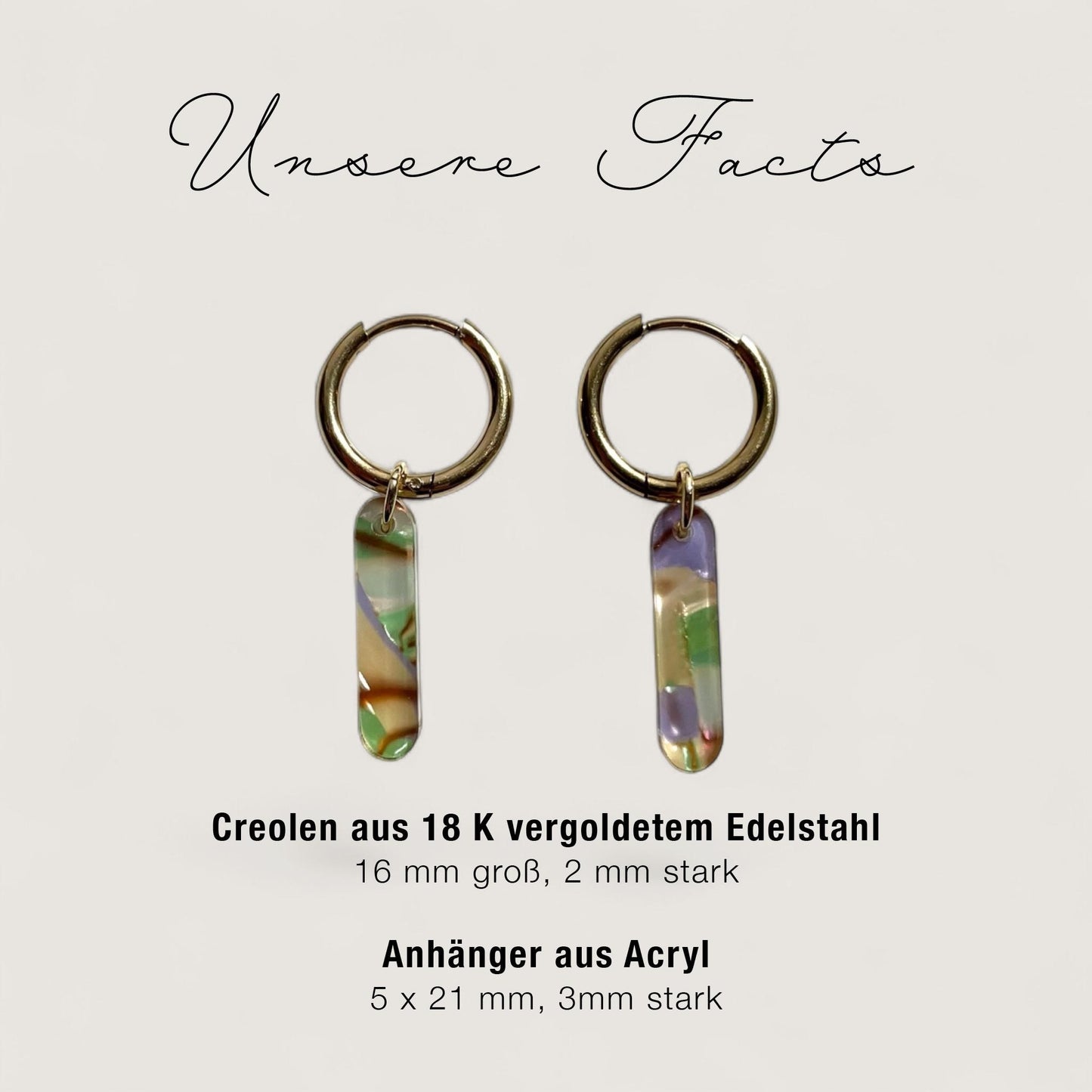 Creolen + Acryl-Anhänger »Stab grün-gold« | Creolen Edelstahl 18K vergoldet | Acryl in grün-gold-lila | 70er Jahre Look | leichte Ohrringe