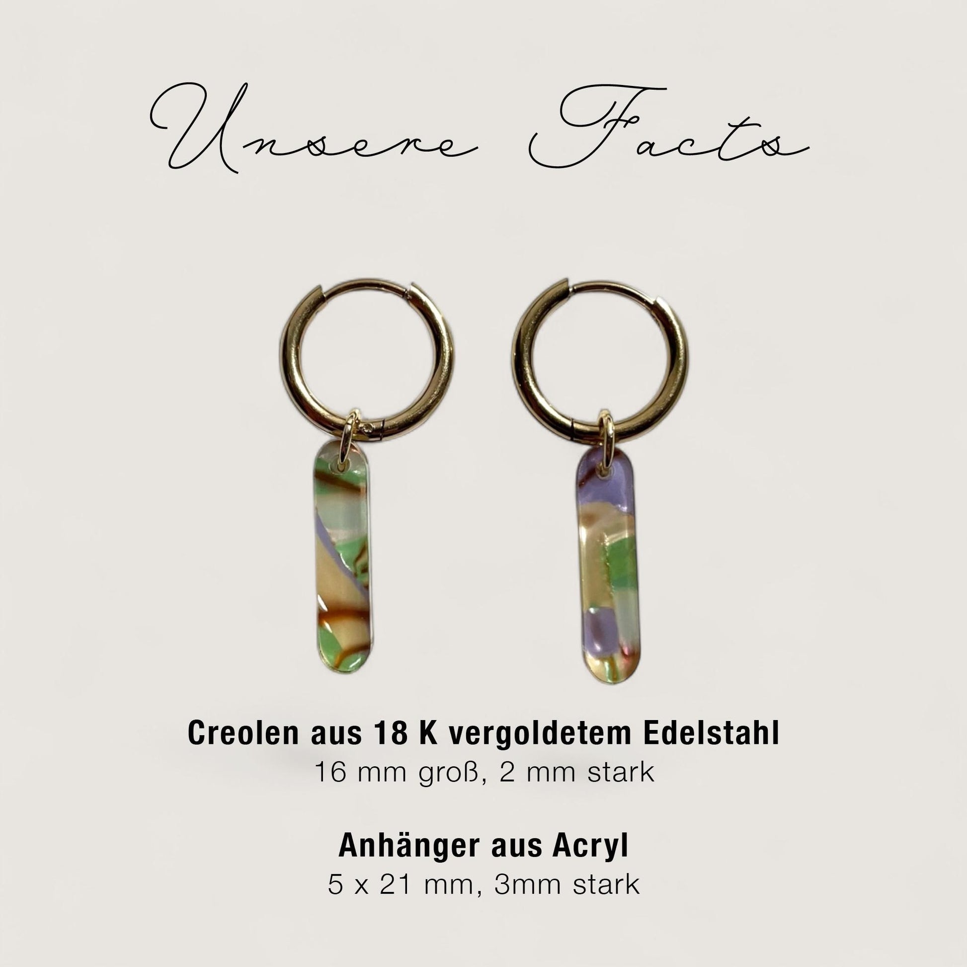 Creolen + Acryl-Anhänger »Stab grün-gold« | Creolen Edelstahl 18K vergoldet | Acryl in grün-gold-lila | 70er Jahre Look | leichte Ohrringe