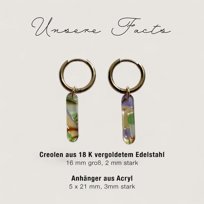 Creolen + Acryl-Anhänger »Stab grün-gold« | Creolen Edelstahl 18K vergoldet | Acryl in grün-gold-lila | 70er Jahre Look | leichte Ohrringe