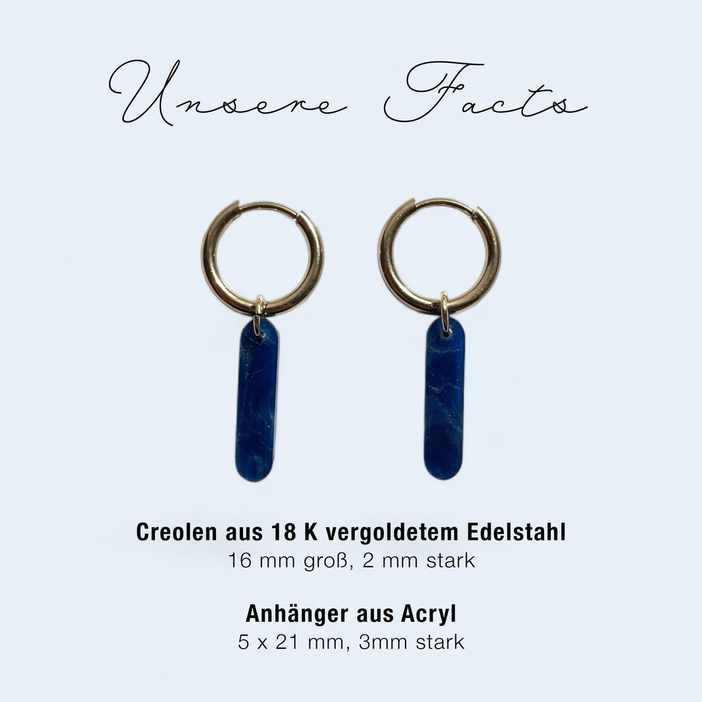 Creolen + Acryl-Anhänger »Stab blau« | Creolen Edelstahl 18K vergoldet | Acryl blau meliert | 70er Jahre Look | leichte Ohrringe