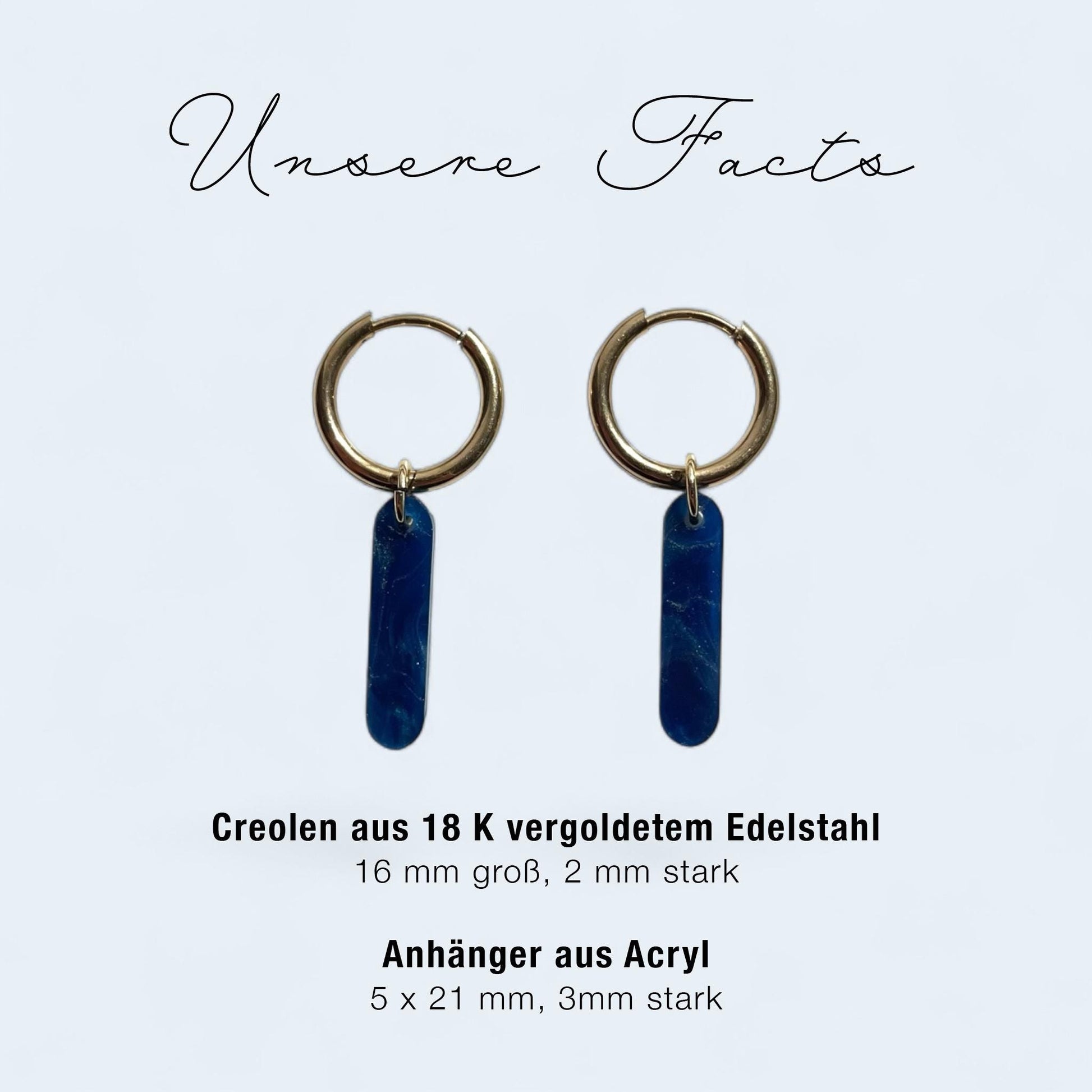 Creolen + Acryl-Anhänger »Stab blau« | Creolen Edelstahl 18K vergoldet | Acryl blau meliert | 70er Jahre Look | leichte Ohrringe