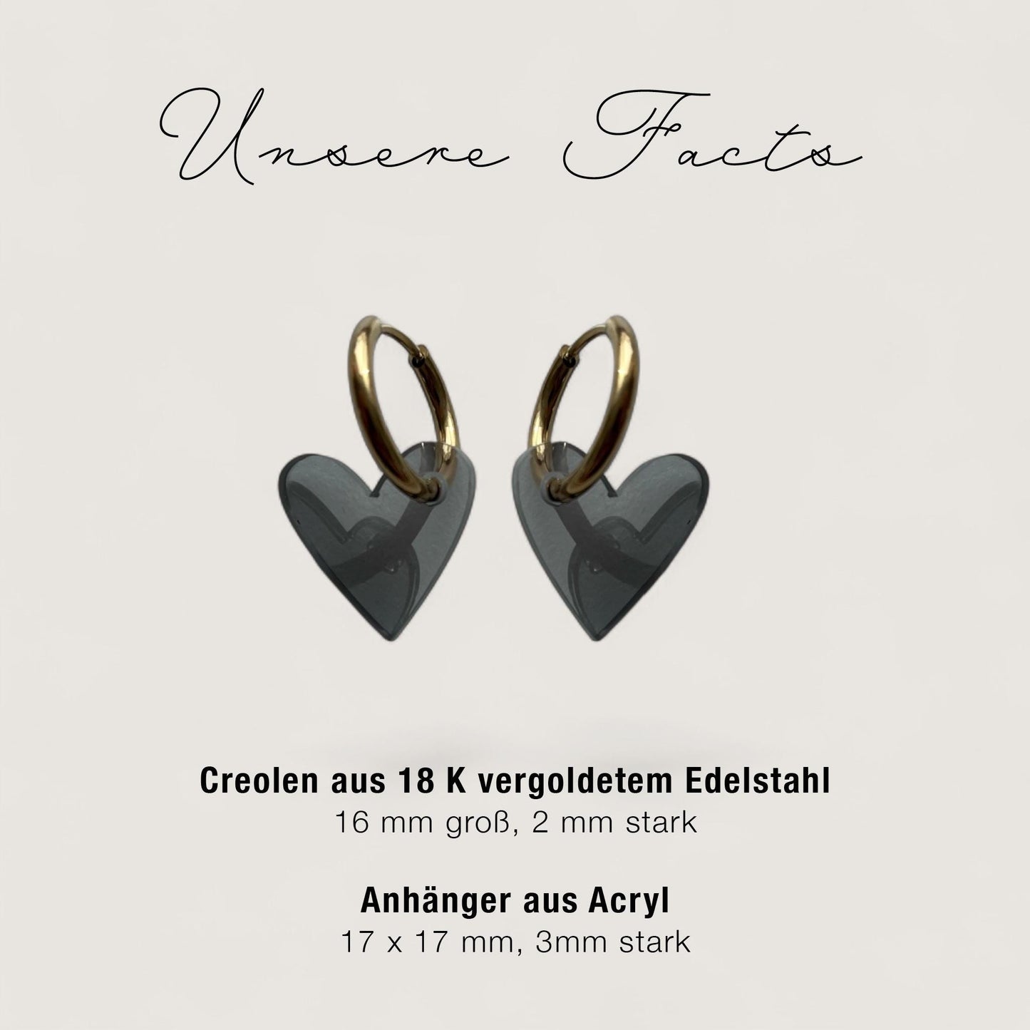 Creolen + Acryl-Anhänger »Herz grau« | Creolen Edelstahl 18 K vergoldet | Acryl in grau transparent | leichte Statement-Ohrringe