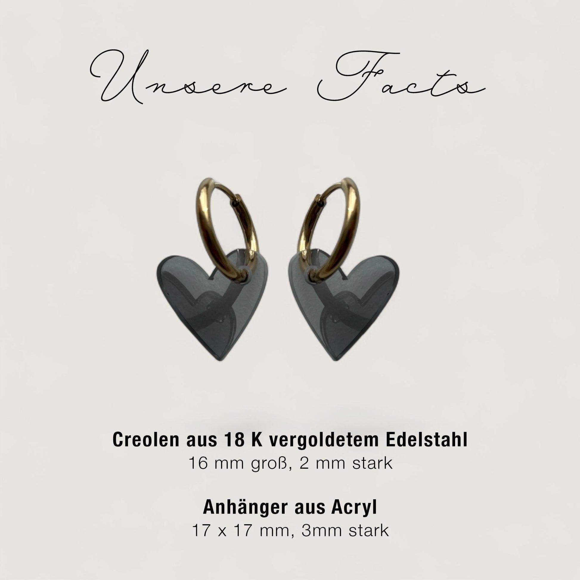 Creolen + Acryl-Anhänger »Herz grau« | Creolen Edelstahl 18 K vergoldet | Acryl in grau transparent | leichte Statement-Ohrringe