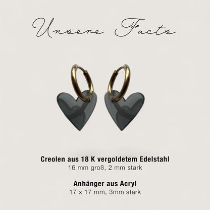 Creolen + Acryl-Anhänger »Herz grau« | Creolen Edelstahl 18 K vergoldet | Acryl in grau transparent | leichte Statement-Ohrringe