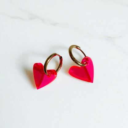Creolen + Acryl-Anhänger »Herz neon pink« | Creolen Edelstahl 18 K vergoldet | Acryl in neon pink transparent | leichte Statement-Ohrringe