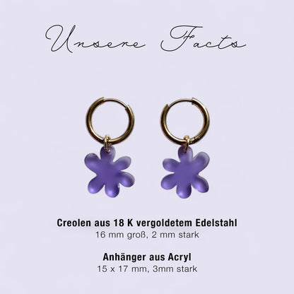 Creolen + Acryl-Anhänger »floral« | Creolen Edelstahl 18 K vergoldet | Acryl in lila satin | leichte Statement-Ohrringe