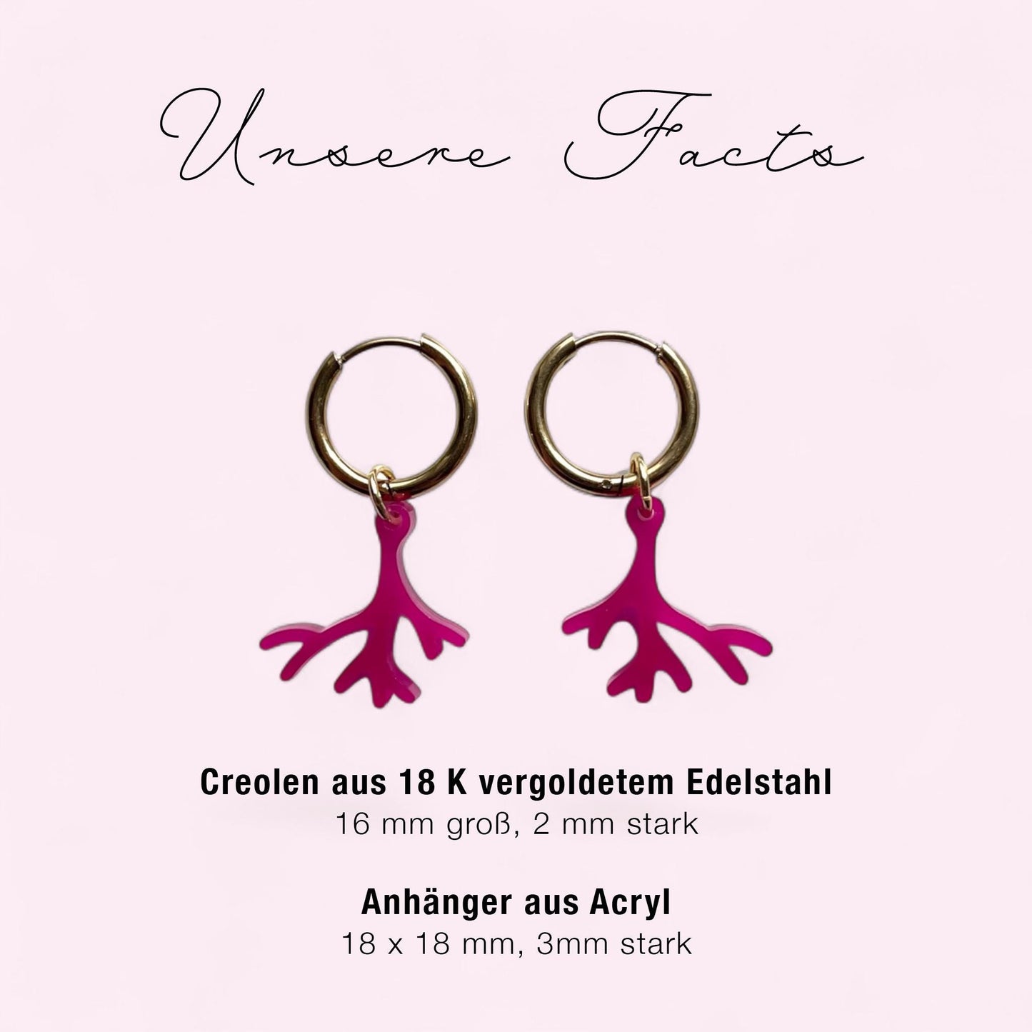 Creolen + Acryl-Anhänger »Koralle« | Creolen Edelstahl 18 K vergoldet | Acryl in magenta glänzend | leichte Statement-Ohrringe