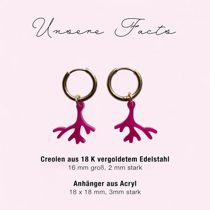 Creolen + Acryl-Anhänger »Koralle« | Creolen Edelstahl 18 K vergoldet | Acryl in magenta glänzend | leichte Statement-Ohrringe