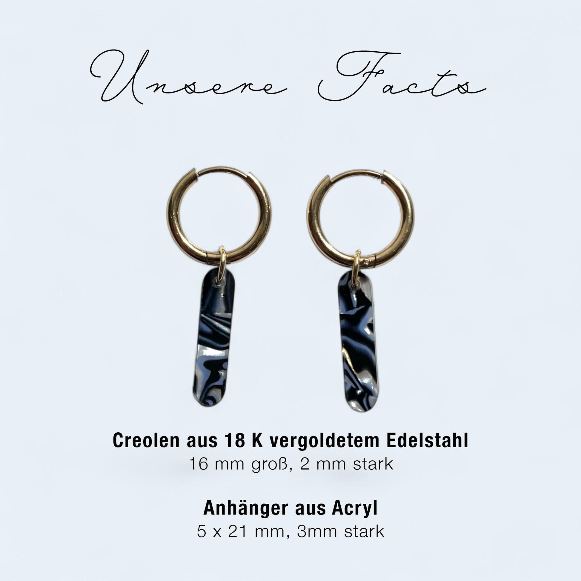 Creolen + Acryl-Anhänger »Stab Perlmutt-blau« | Creolen Edelstahl 18K vergoldet | Acryl in Perlmutt, blau, schwarz | leichte Ohrringe