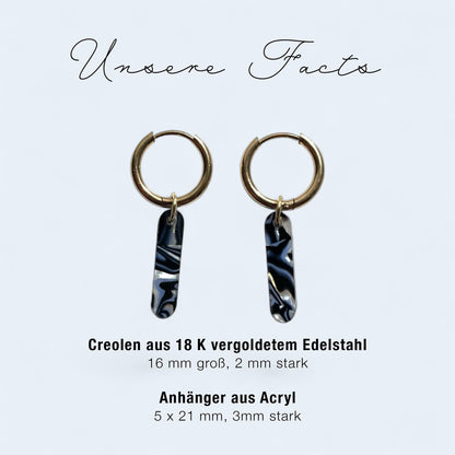 Creolen + Acryl-Anhänger »Stab Perlmutt-blau« | Creolen Edelstahl 18K vergoldet | Acryl in Perlmutt, blau, schwarz | leichte Ohrringe