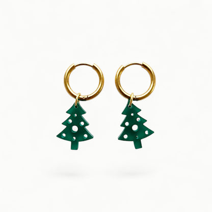 Creolen + Acryl-Anhänger »Tannenbaum« | Creolen Edelstahl 18 K vergoldet | Acryl in dunkelgrün transparent | leichte Statement-Ohrringe