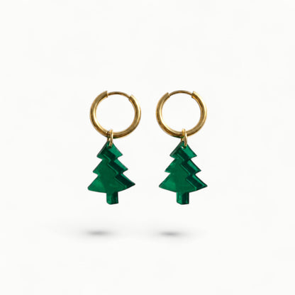 Creolen + Acryl-Anhänger »Tannenbaum« | Creolen Edelstahl 18 K vergoldet | Acryl in dunkelgrün transparent | leichte Statement-Ohrringe